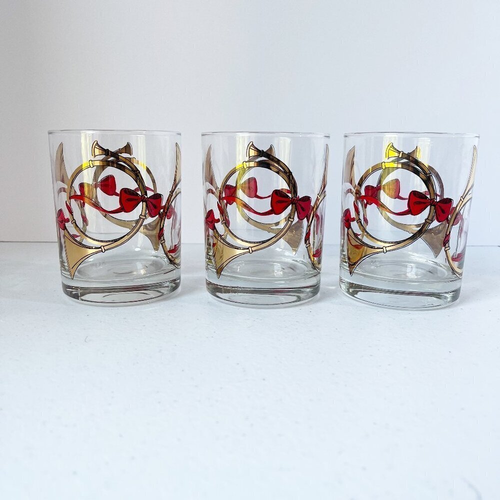 Three Vintage Mid Century Modern Cera Tumblers Golden Christmas Horns